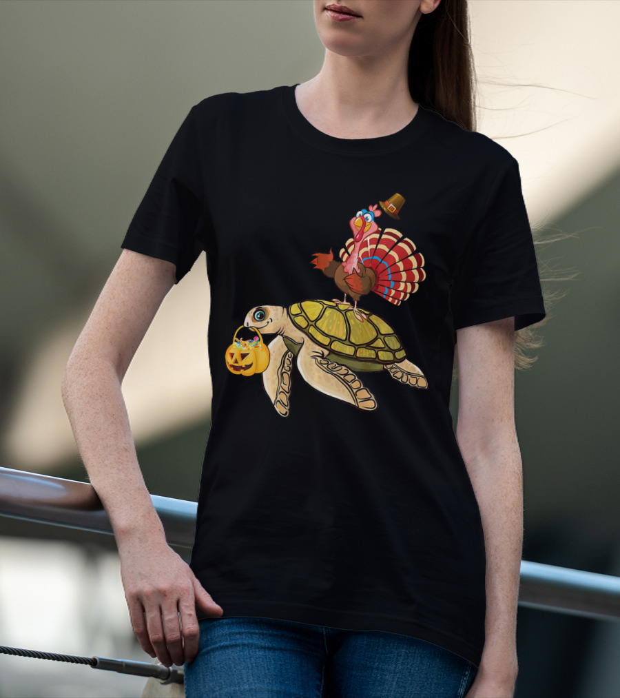 Turkey Riding Turtle Pumpkin Funny Sea Thanksgiving Halloween Fusion T-Shirt