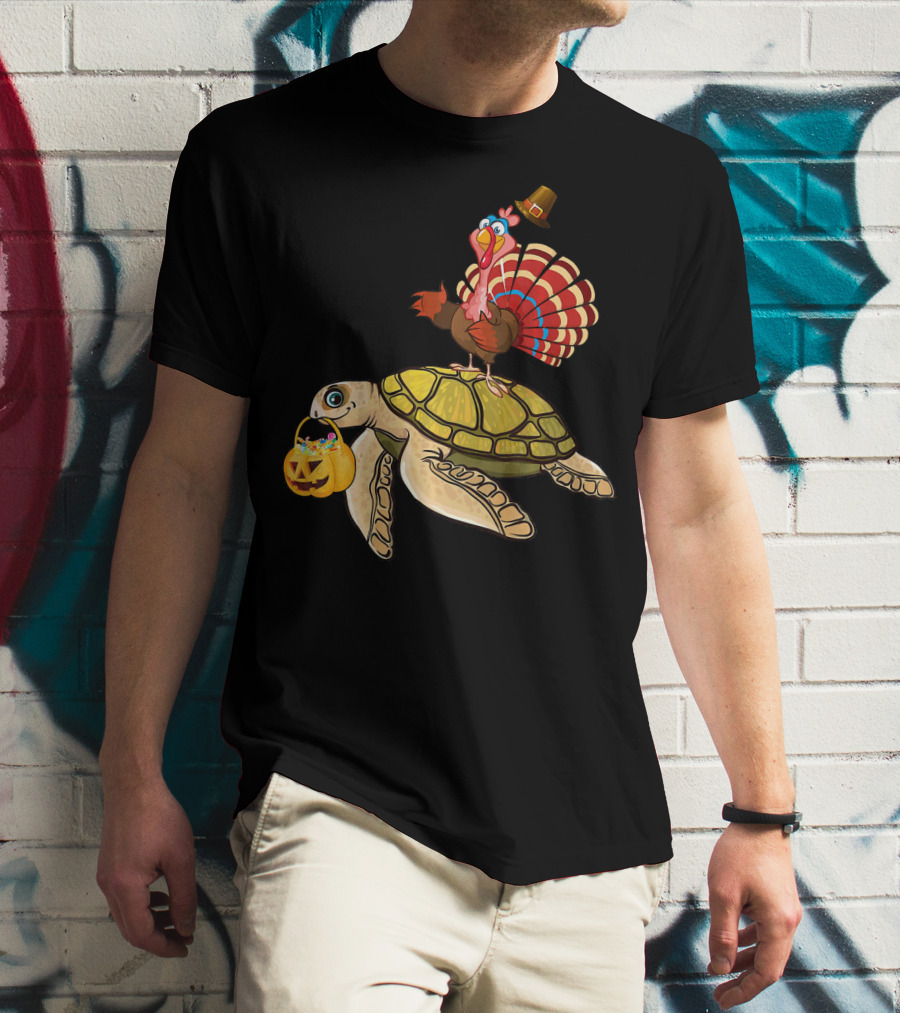 Turkey Riding Turtle Pumpkin Funny Sea Thanksgiving Halloween Fusion T-Shirt