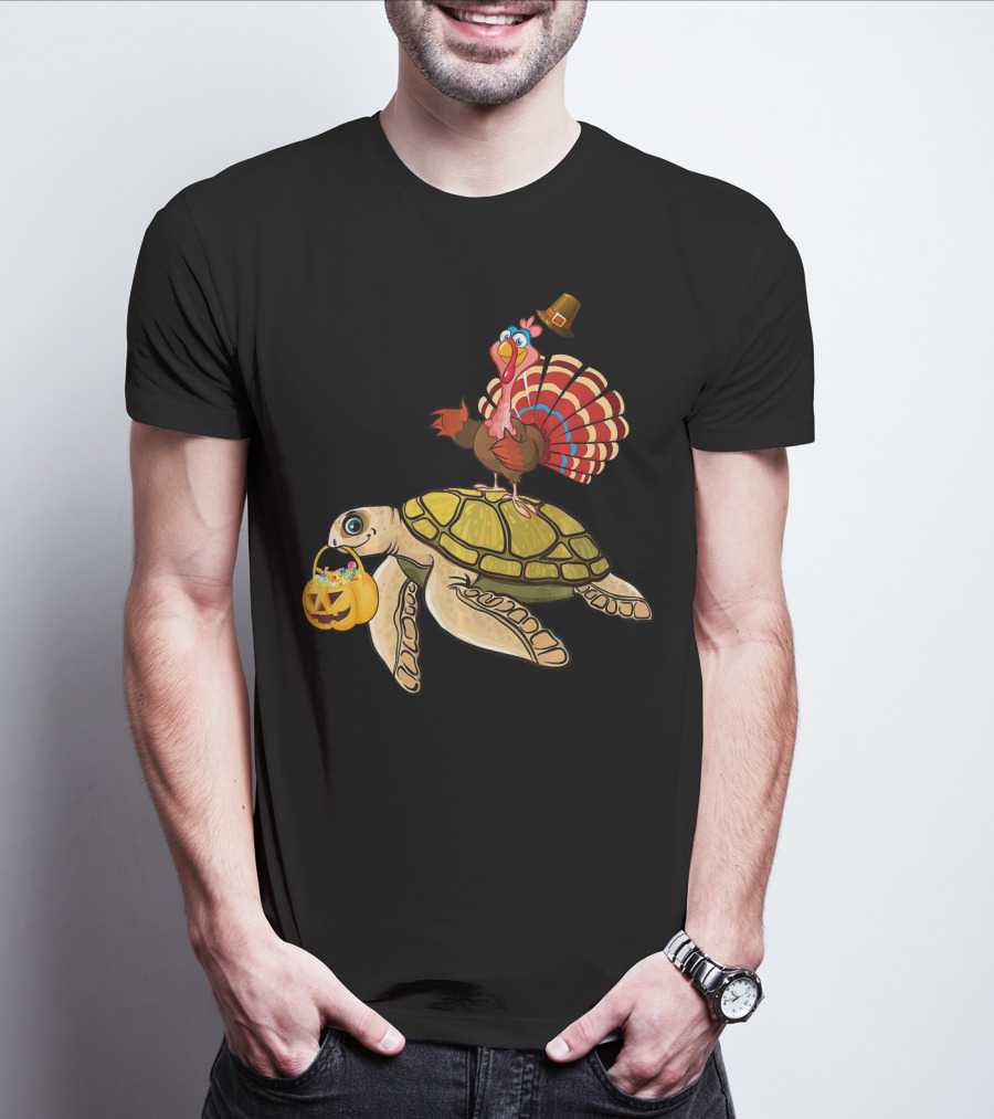 Turkey Riding Turtle Pumpkin Funny Sea Thanksgiving Halloween Fusion T-Shirt