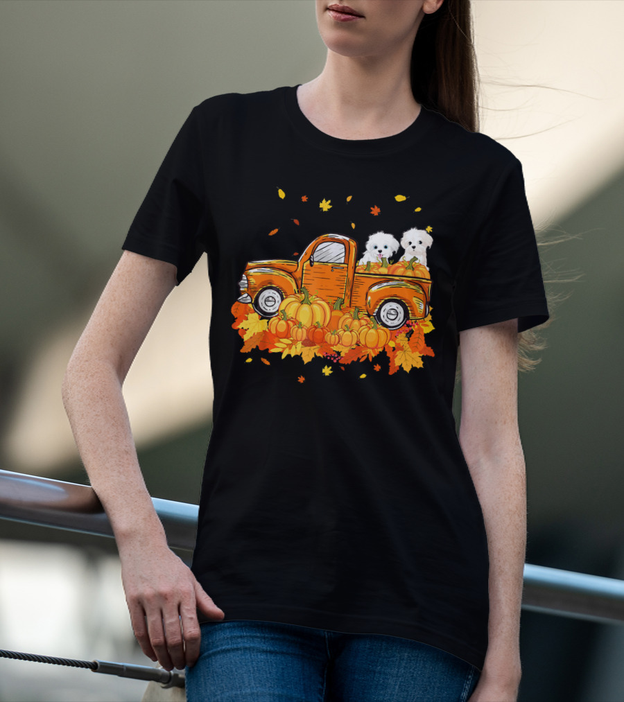Maltese Dogs Riding Pumpkin Truck For Halloween T-Shirt