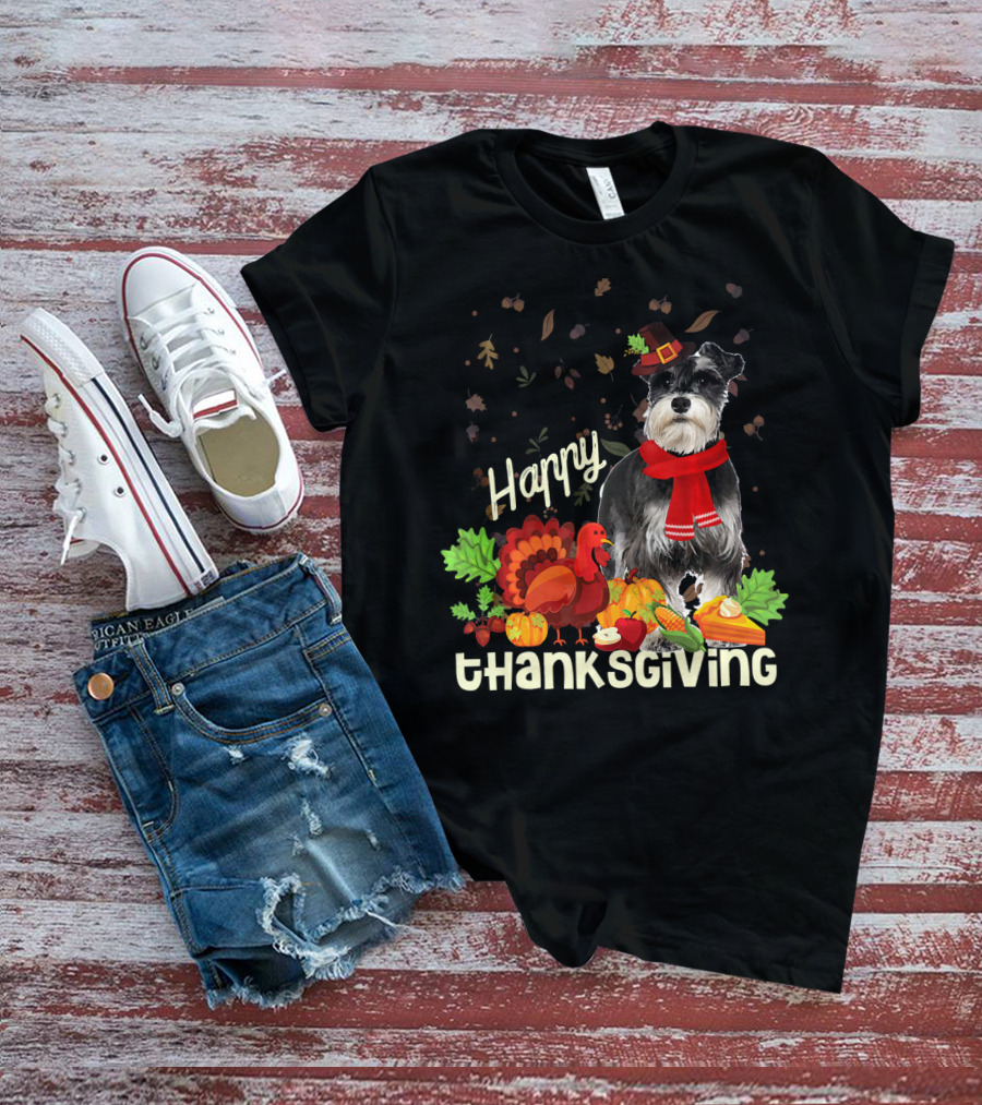 Happy Thanksgiving Pilgrim Miniature Schnauzer Turkey Pumpkin Pie Autumn Leaves T-Shirt