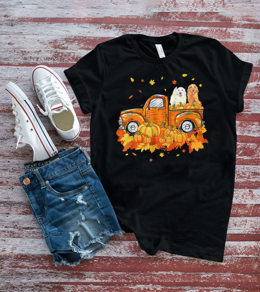 Golden Retriever Puppies In Vintage Pumpkin Truck With Autumn Leaves T-Shirt