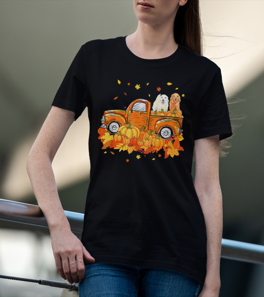 Golden Retriever Puppies In Vintage Pumpkin Truck With Autumn Leaves T-Shirt