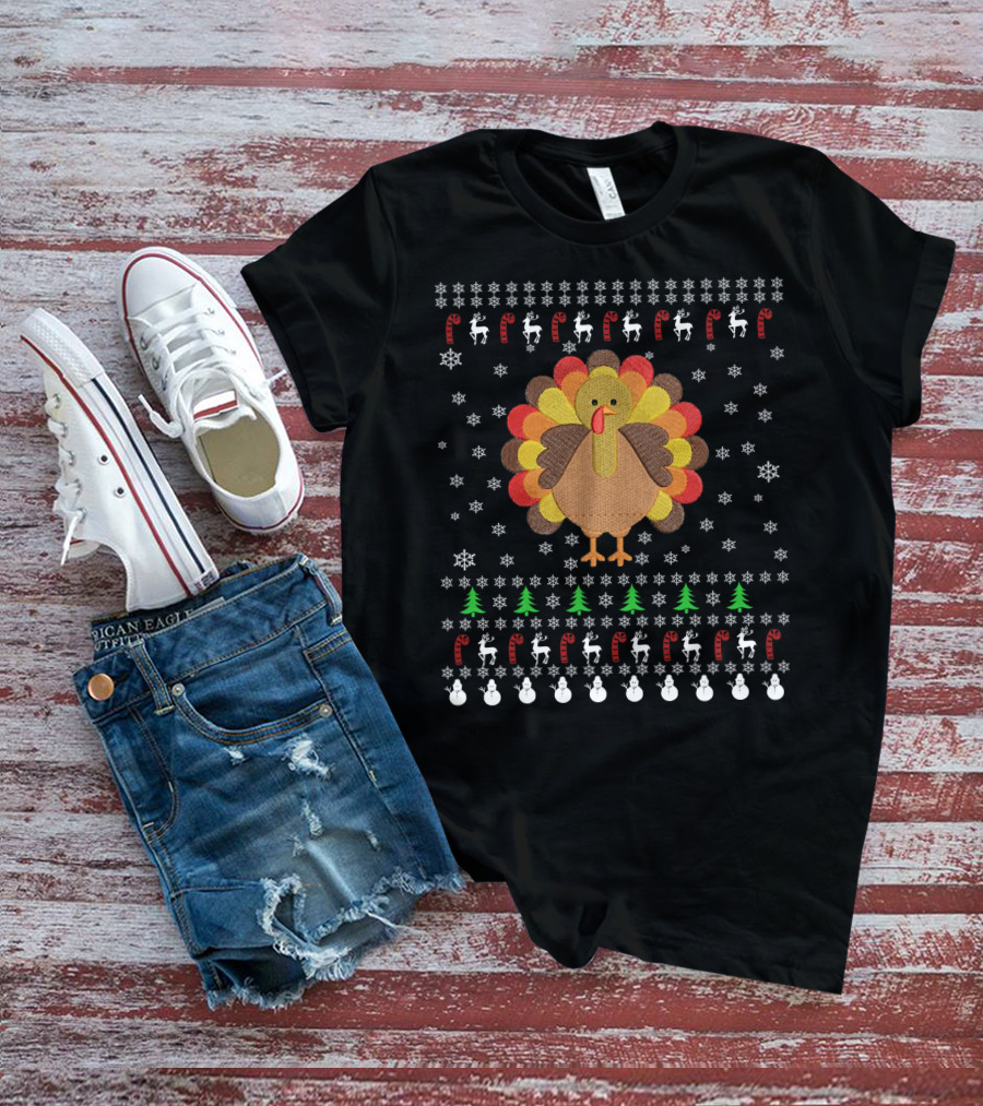 Thanksgiving Turkey With Snowflakes Reindeer Trees And Candy Canes T-Shirt