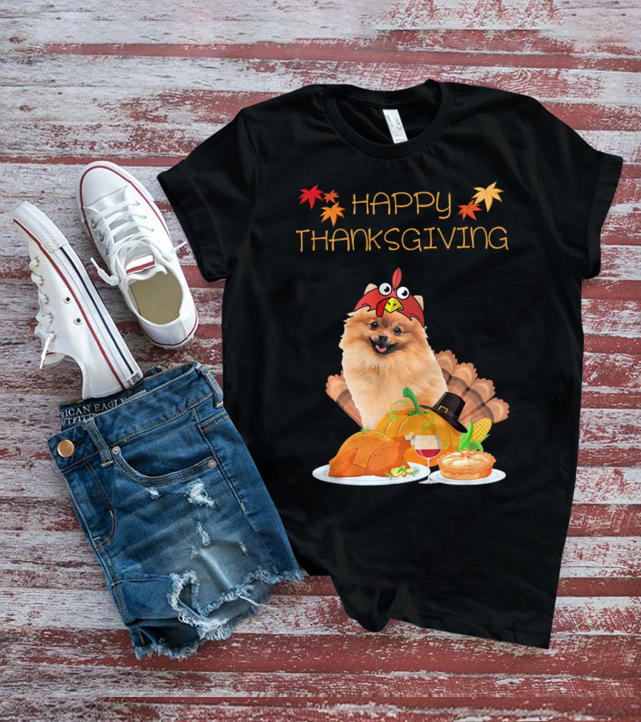 Happy Thanksgiving Day Pomeranian Turkey Pumpkin Pie T-Shirt