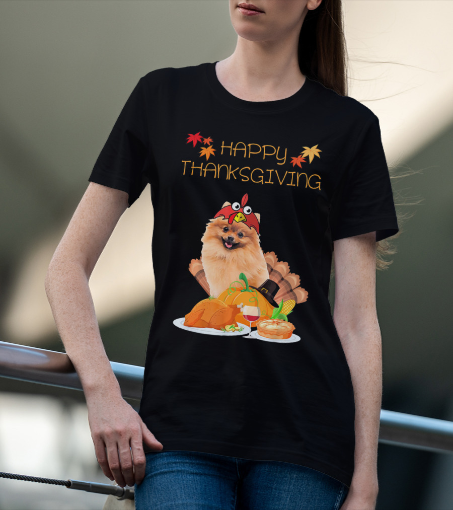 Happy Thanksgiving Day Pomeranian Turkey Pumpkin Pie T-Shirt