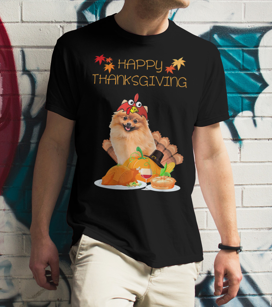 Happy Thanksgiving Day Pomeranian Turkey Pumpkin Pie T-Shirt