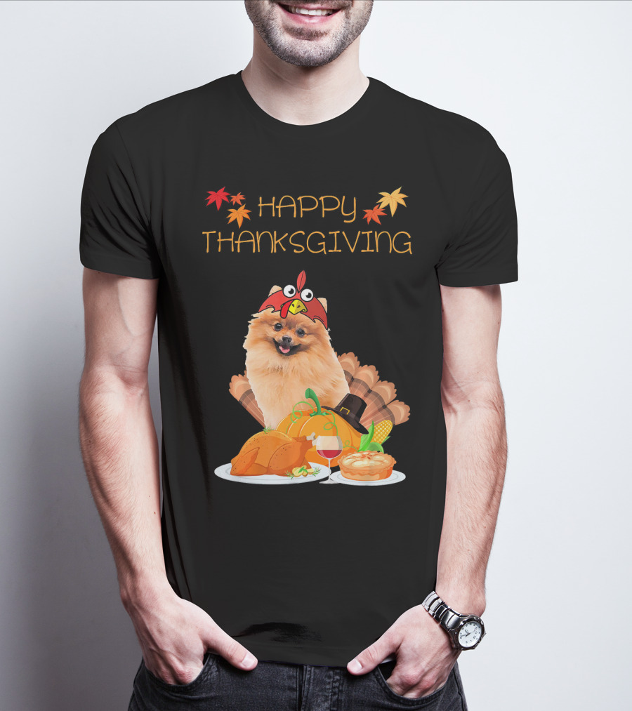 Happy Thanksgiving Day Pomeranian Turkey Pumpkin Pie T-Shirt