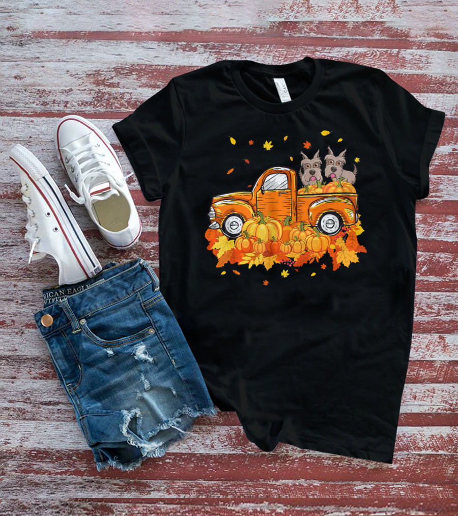 Scottie Dogs In Pumpkin-Filled Truck Surrounded By Autumn Leaves Halloween T-Shirt