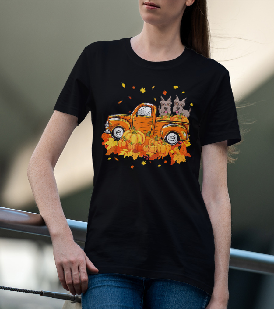 Scottie Dogs In Pumpkin-Filled Truck Surrounded By Autumn Leaves Halloween T-Shirt