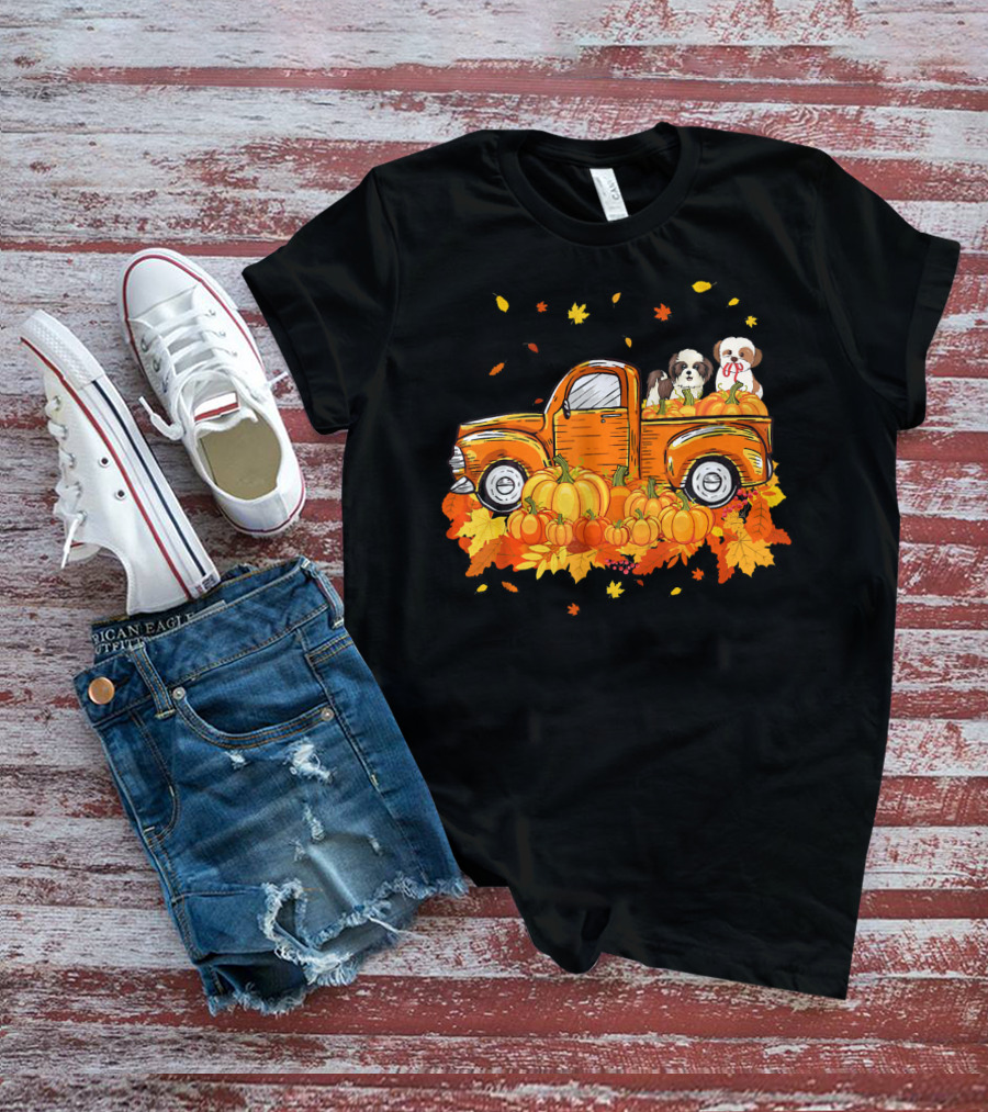 Shih Tzu Puppies In Pumpkin Truck With Autumn Leaves For Halloween T-Shirt