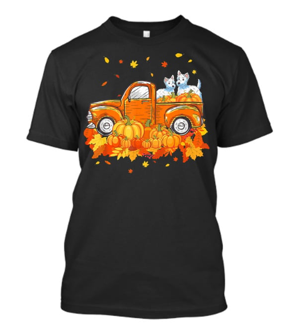 Westie Dogs In Pumpkin Truck With Fall Leaves Halloween T-Shirt
