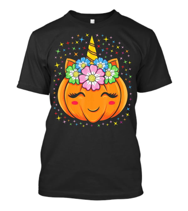 Unicorn Pumpkin Halloween Cute Floral Stars T-Shirt