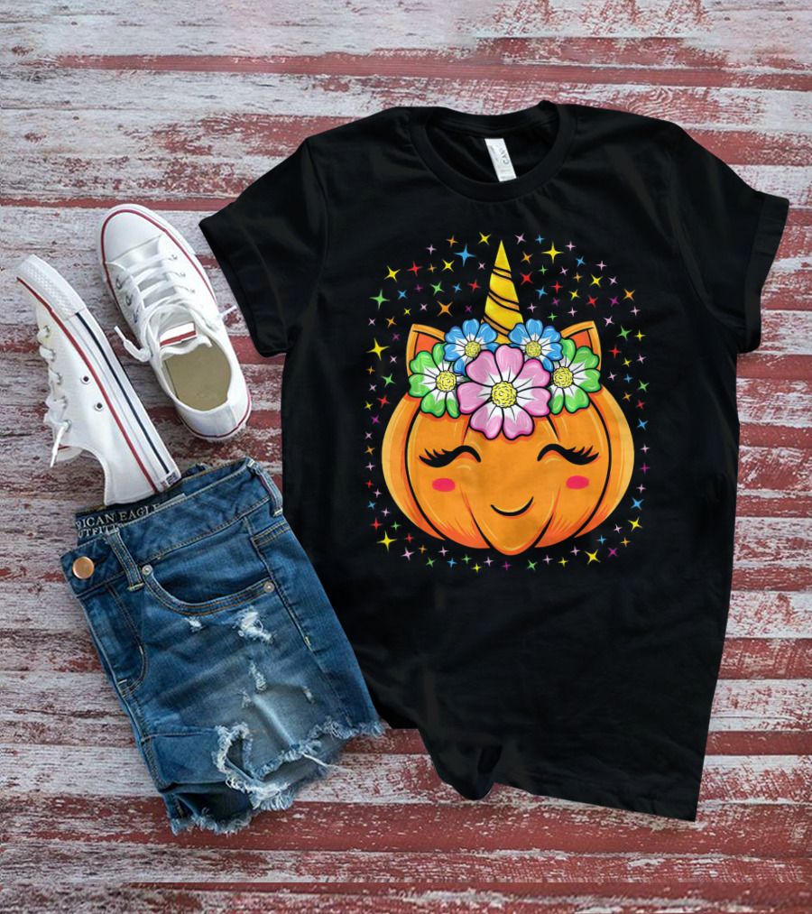 Unicorn Pumpkin Halloween Cute Floral Stars T-Shirt