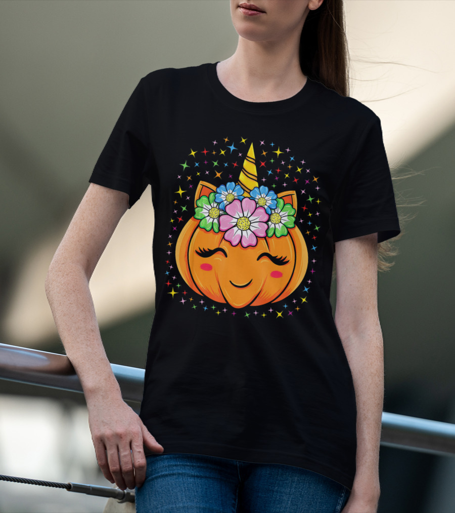 Unicorn Pumpkin Halloween Cute Floral Stars T-Shirt