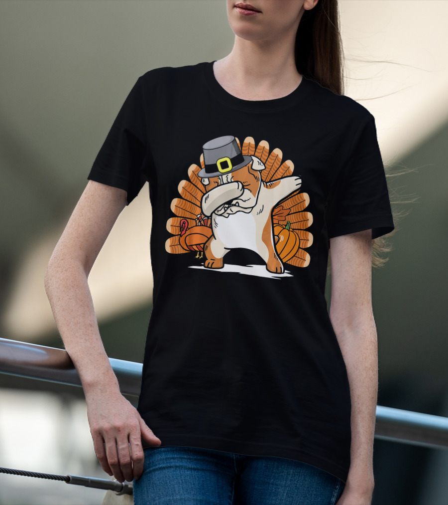 Funny Dabbing English Bulldog Thanksgiving Pilgrim Turkey Pumpkin T-Shirt