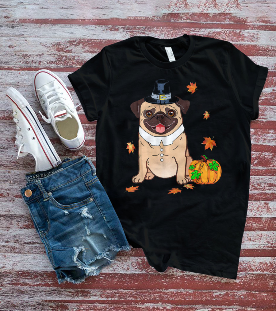 Thanksgiving Pug Pilgrim Hat Pumpkin Leaves T-Shirt