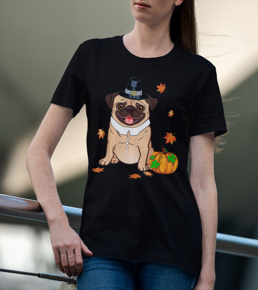 Thanksgiving Pug Pilgrim Hat Pumpkin Leaves T-Shirt