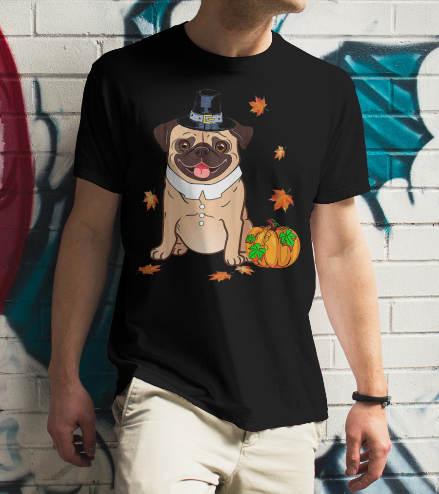 Thanksgiving Pug Pilgrim Hat Pumpkin Leaves T-Shirt