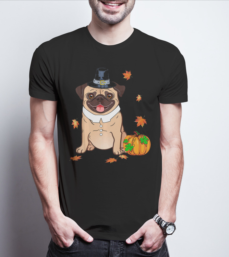 Thanksgiving Pug Pilgrim Hat Pumpkin Leaves T-Shirt