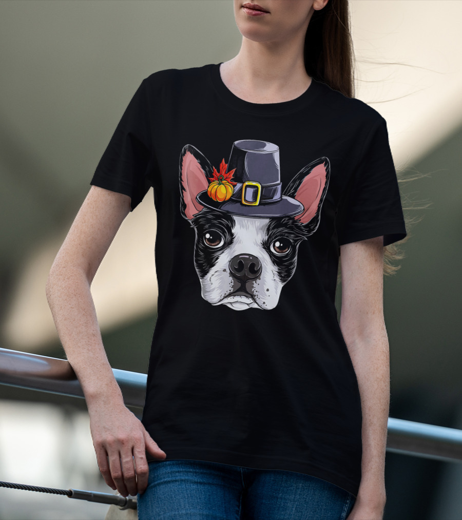 Thanksgiving Bo Boston Terrier In Pilgrim Hat With Pumpkin And Leaves T-Shirt