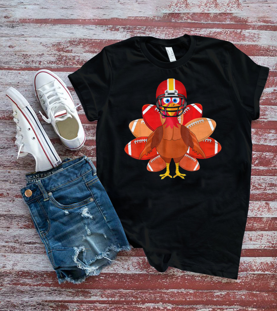 Turkey With Football Helmet Thankful Thanksgiving Football T-Shirt
