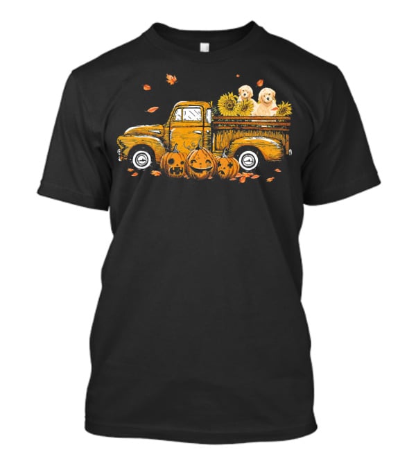 Pumpkin Truck With Sunflowers And Dogs Halloween Scene T-Shirt