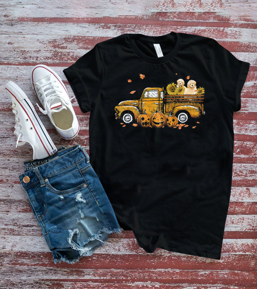 Pumpkin Truck With Sunflowers And Dogs Halloween Scene T-Shirt