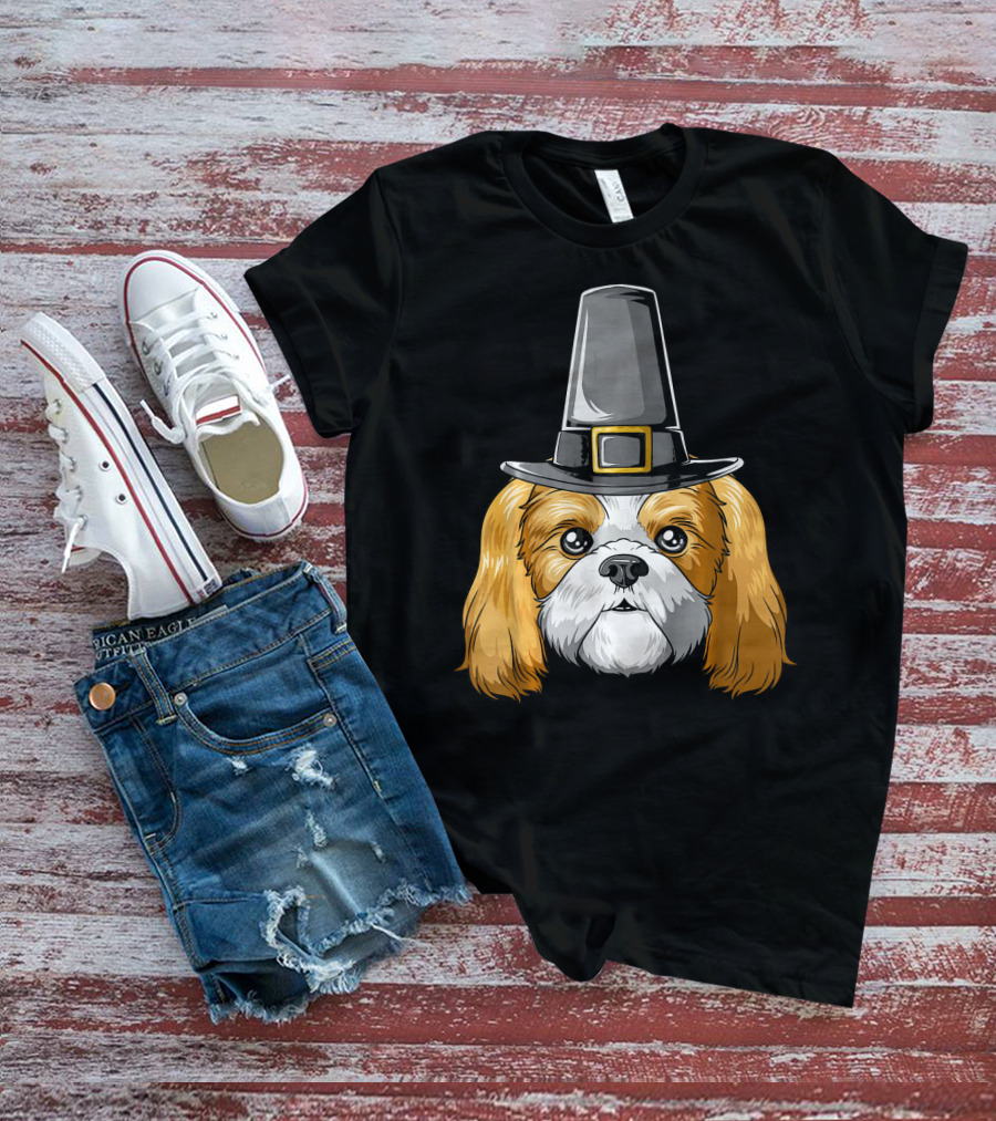 Shih Tzu Wearing Pilgrim Hat Thanksgiving T-Shirt
