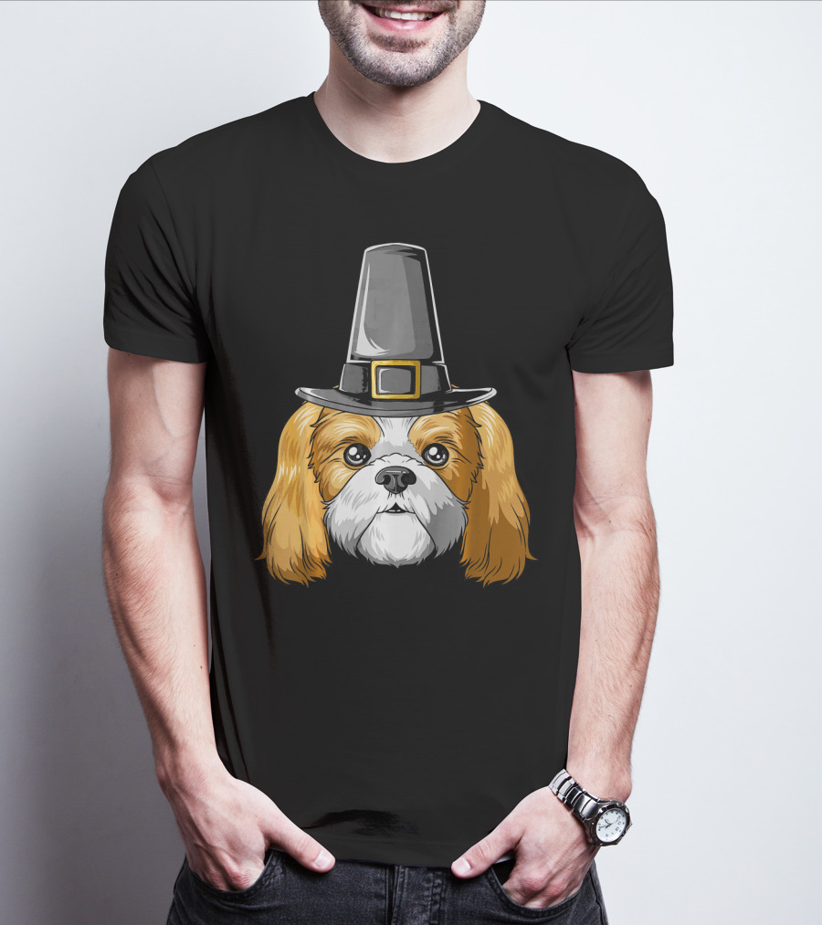 Shih Tzu Wearing Pilgrim Hat Thanksgiving T-Shirt