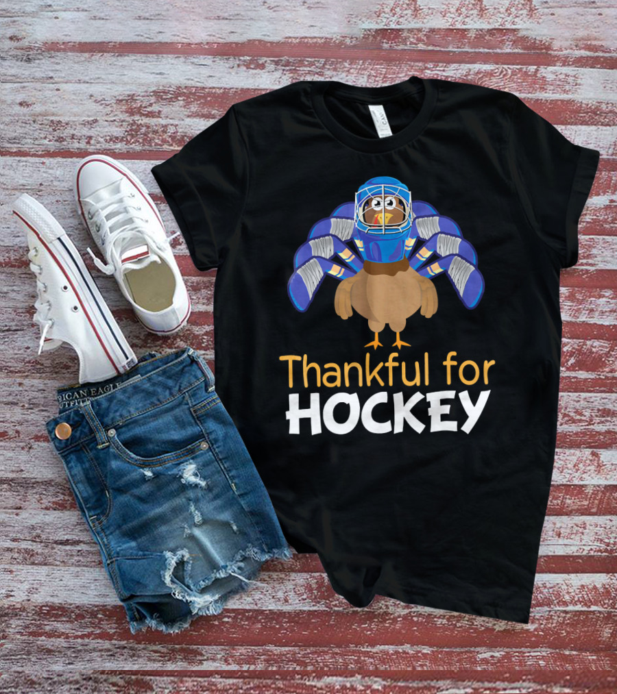 Thankful For Hockey Funny Turkey With Goalie Mask And Stick Feathers T-Shirt