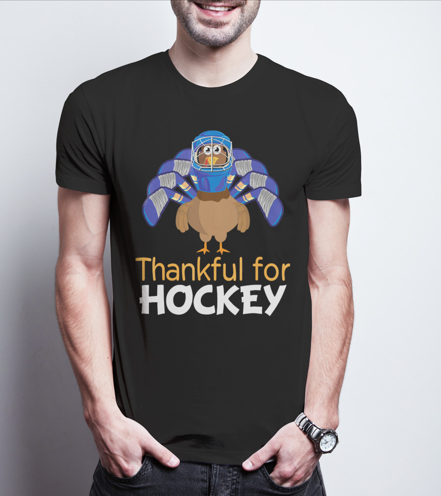 Thankful For Hockey Funny Turkey With Goalie Mask And Stick Feathers T-Shirt