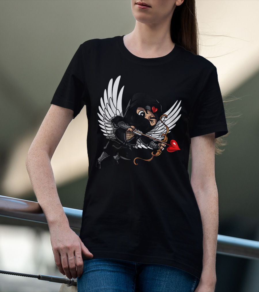 Ninja Cupid Valentine With Bow And Heart Arrow Angel Wings T-Shirt