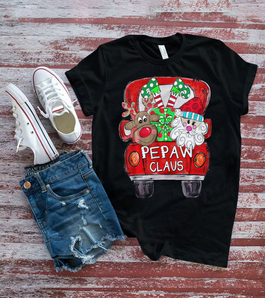 Pepaw Claus Reindeer Santa Christmas Truck With Gifts And Candy Canes T-Shirt