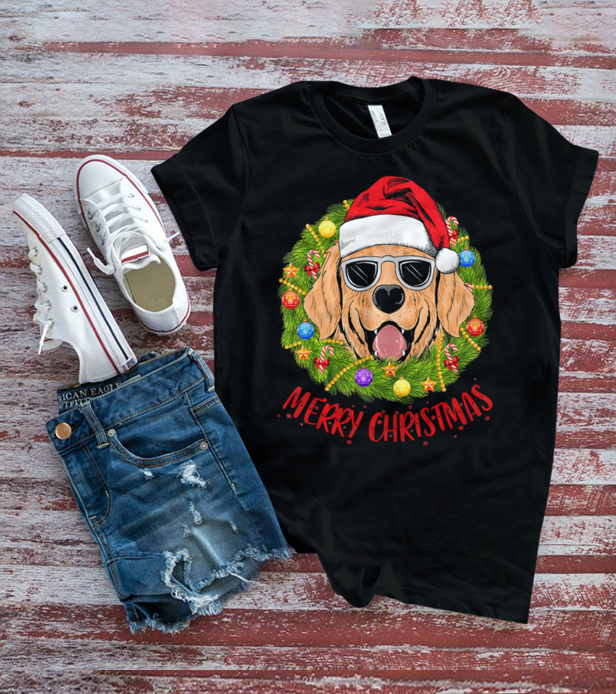 Merry Christmas Golden Retriever Dog Santa Hat Sunglasses Wreath T-Shirt