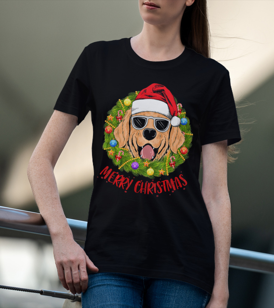 Merry Christmas Golden Retriever Dog Santa Hat Sunglasses Wreath T-Shirt