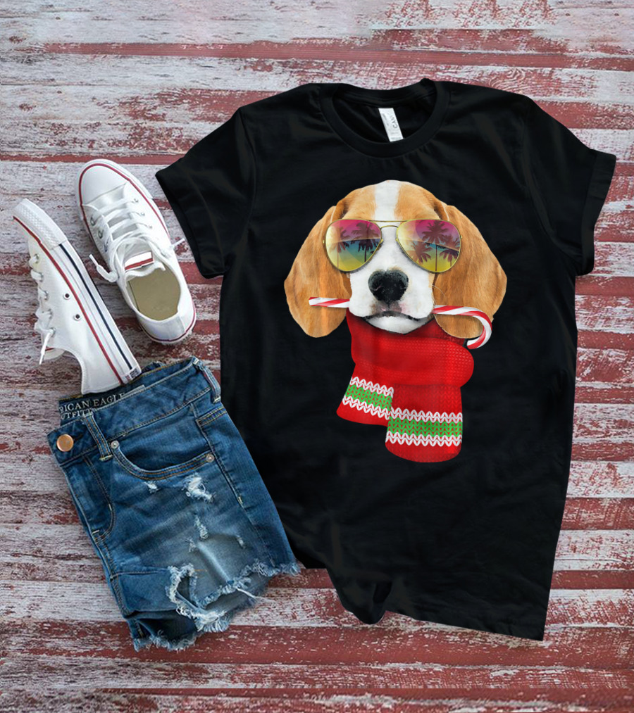 Christmas In July Beagle Sunglasses Candy Cane Scarf T-Shirt