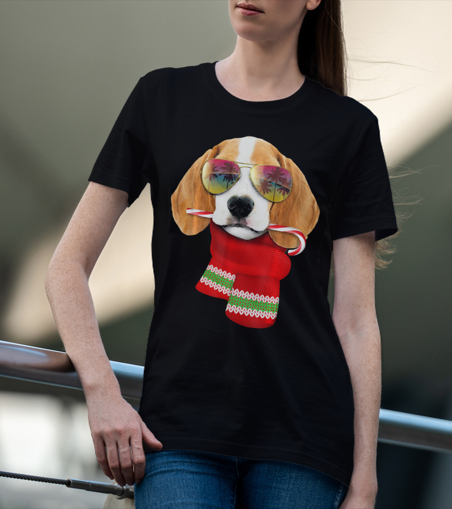 Christmas In July Beagle Sunglasses Candy Cane Scarf T-Shirt