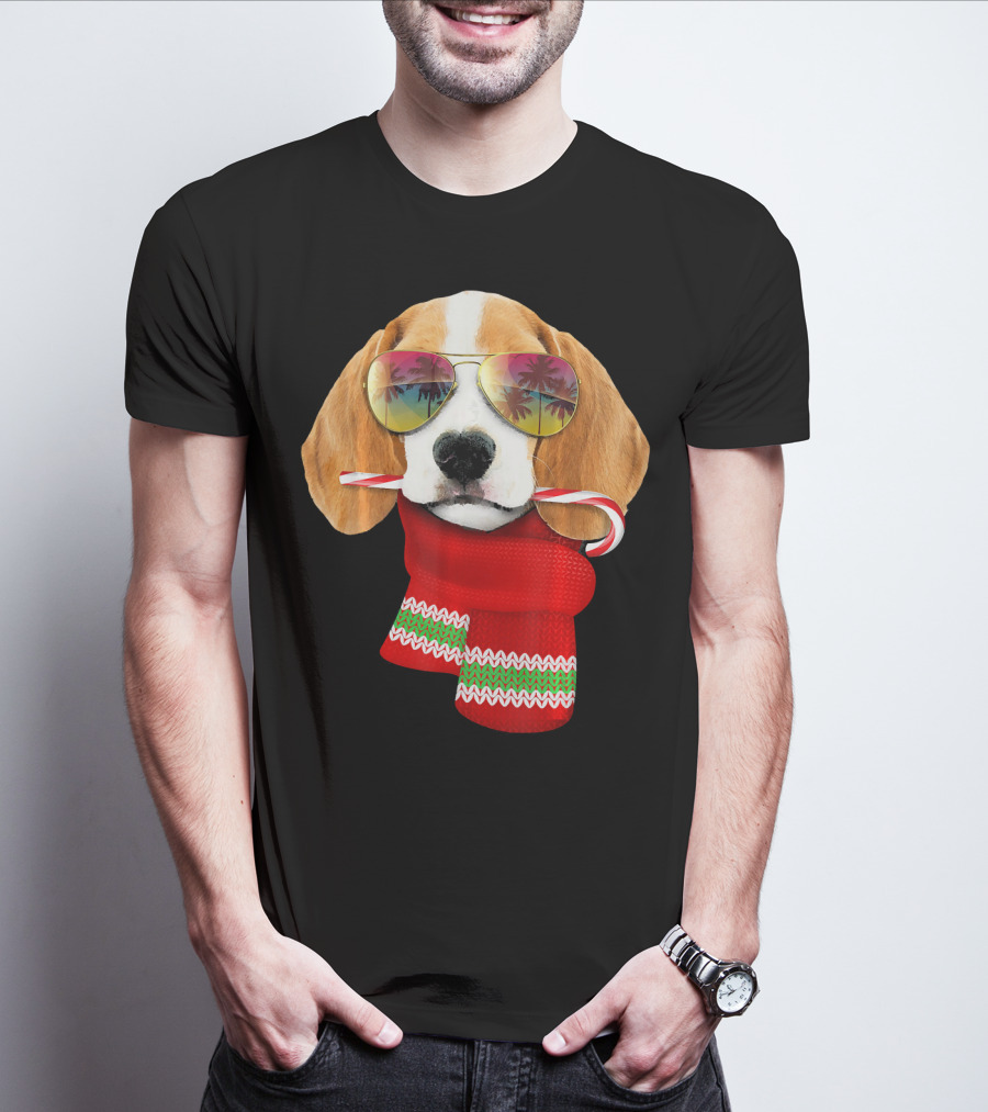 Christmas In July Beagle Sunglasses Candy Cane Scarf T-Shirt