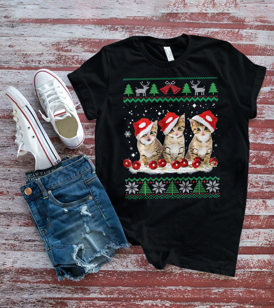 Ugly Christmas Cat Santa Hat Reindeer Bells Snowflakes Lights T-Shirt
