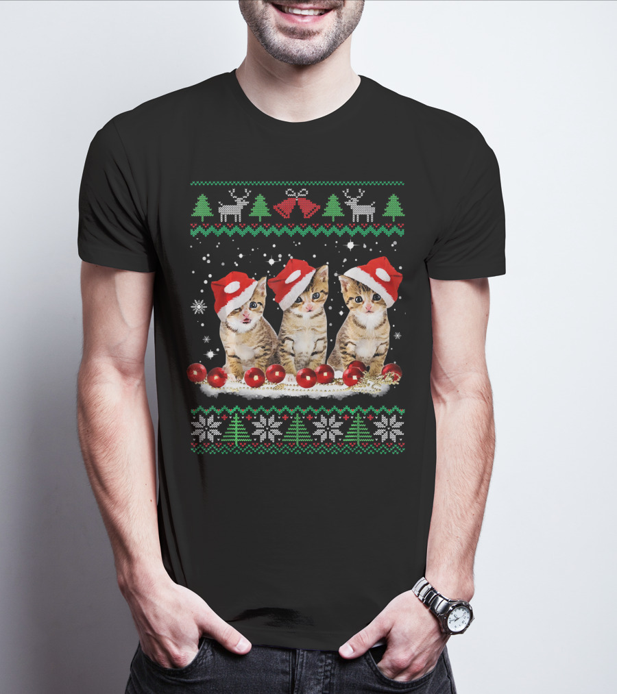 Ugly Christmas Cat Santa Hat Reindeer Bells Snowflakes Lights T-Shirt