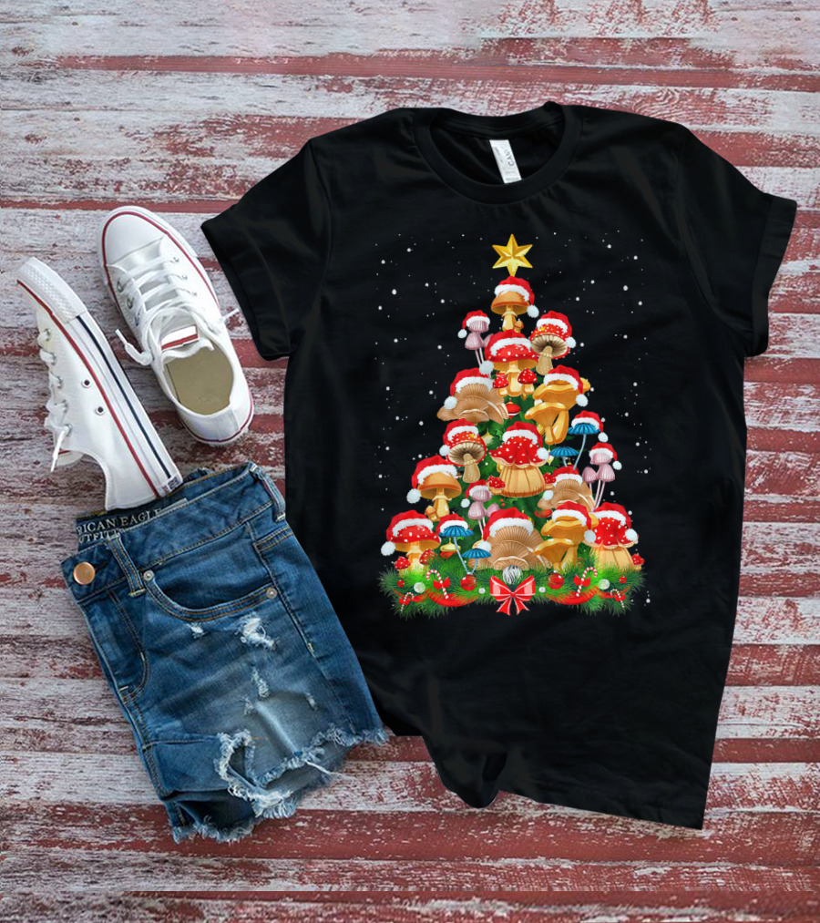 Mushroom Christmas Tree With Santa Hats And Snowflakes For Garden Lovers T-Shirt