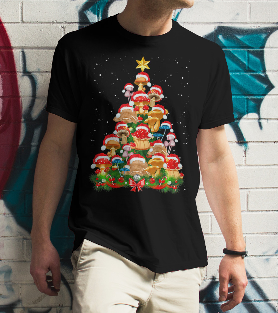 Mushroom Christmas Tree With Santa Hats And Snowflakes For Garden Lovers T-Shirt