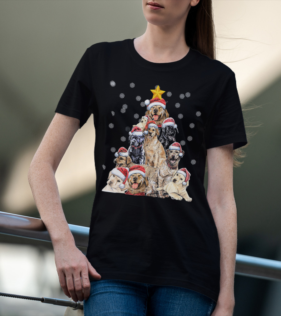 Labrador Puppies With Santa Hats Forming A Christmas Tree With Star And Snowflakes T-Shirt
