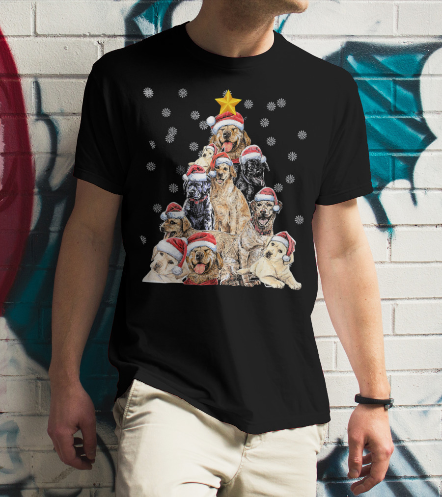 Labrador Puppies With Santa Hats Forming A Christmas Tree With Star And Snowflakes T-Shirt