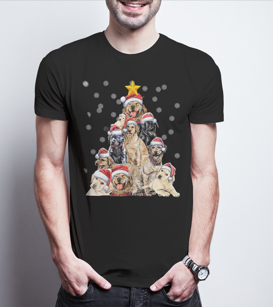 Labrador Puppies With Santa Hats Forming A Christmas Tree With Star And Snowflakes T-Shirt