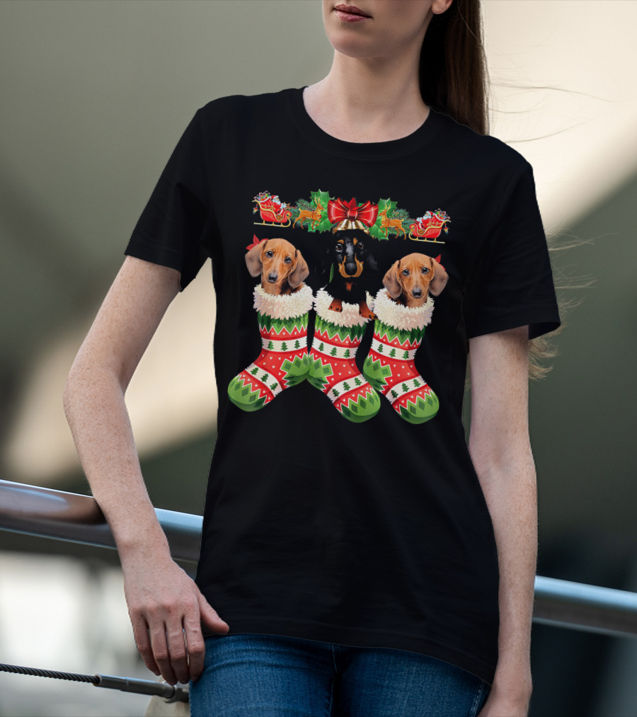Dachshund Christmas Dogs In Festive Stockings T-Shirt