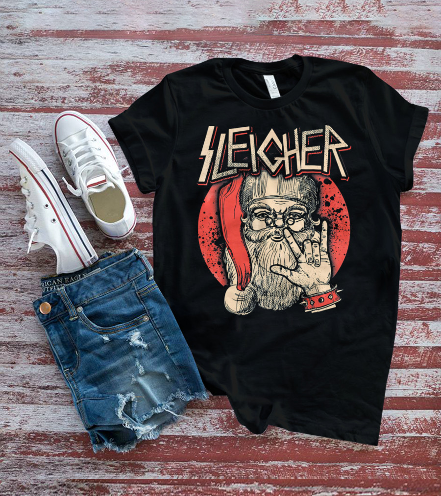 SLEIGHER Heavy Metal Music Santa Circle Red Santa Hat Hand Gesture T-Shirt