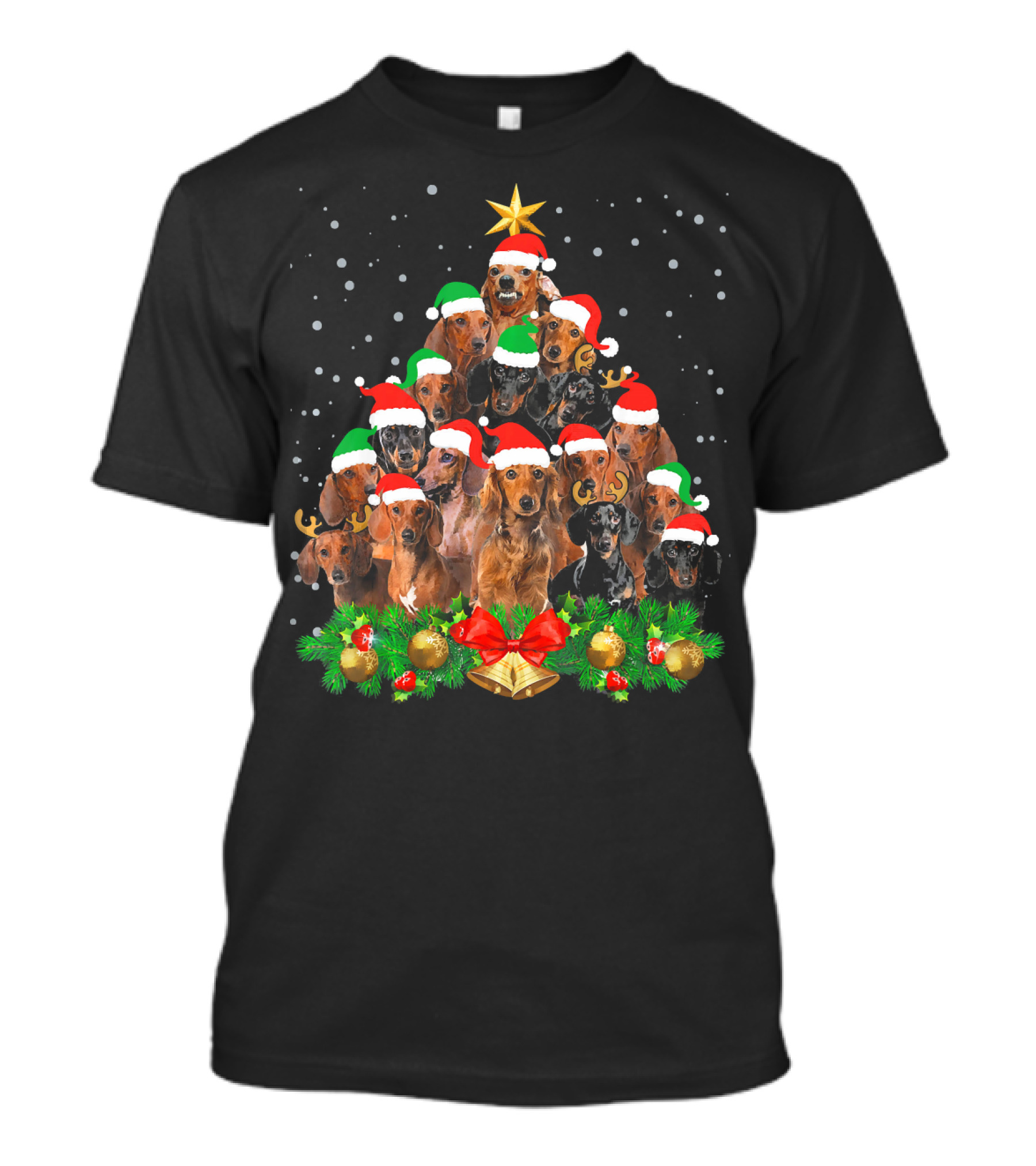 Funny Dachshund Christmas Tree With Santa Hats And Holiday Decorations T-Shirt