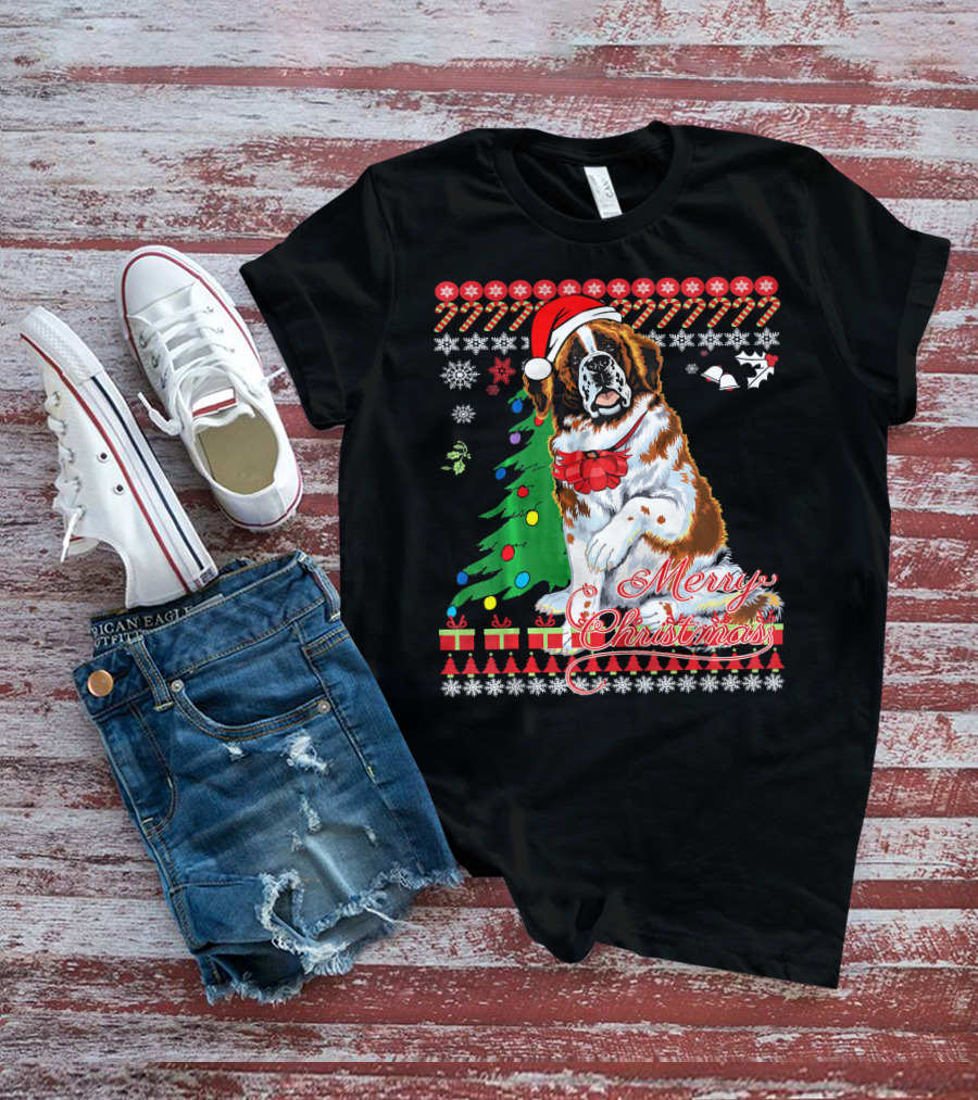Merry Christmas Saint Bernard Dog Ugly Christmas T-Shirt